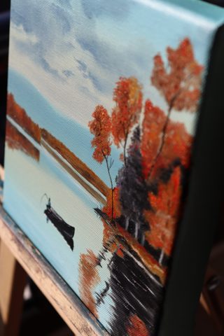 Rowboat on an Autumn Lake Mini Landscape Oil Painting — photo 5