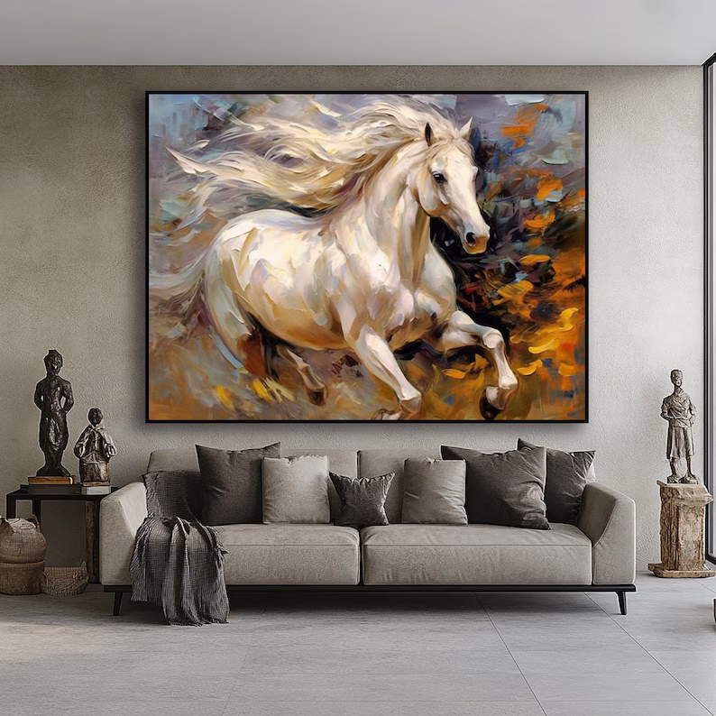 Hand-Painted Running Horse Oil Painting: Abstract Autumn Forest Art