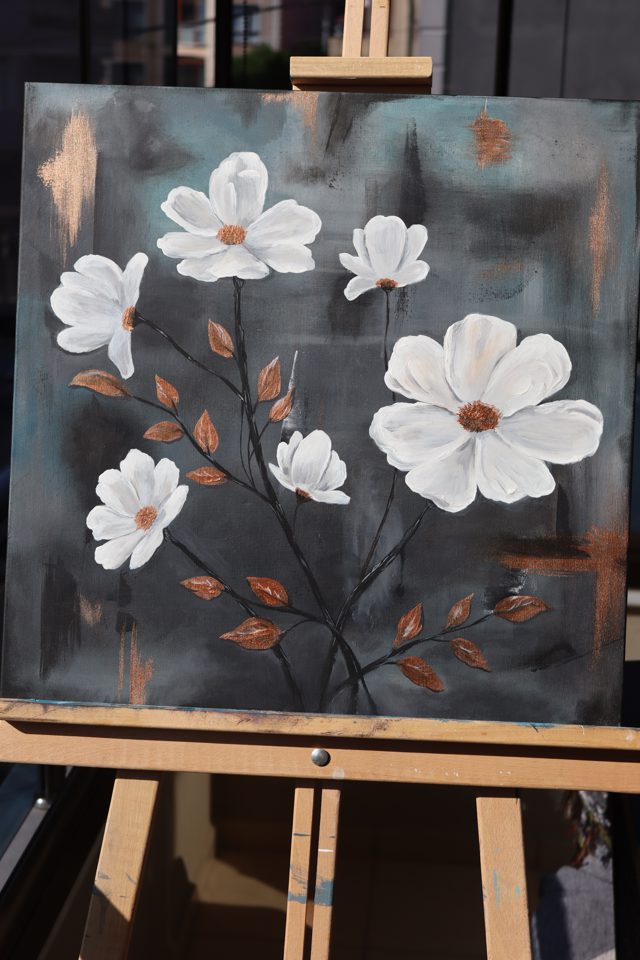 White Blossoms on Charcoal Oil Painting