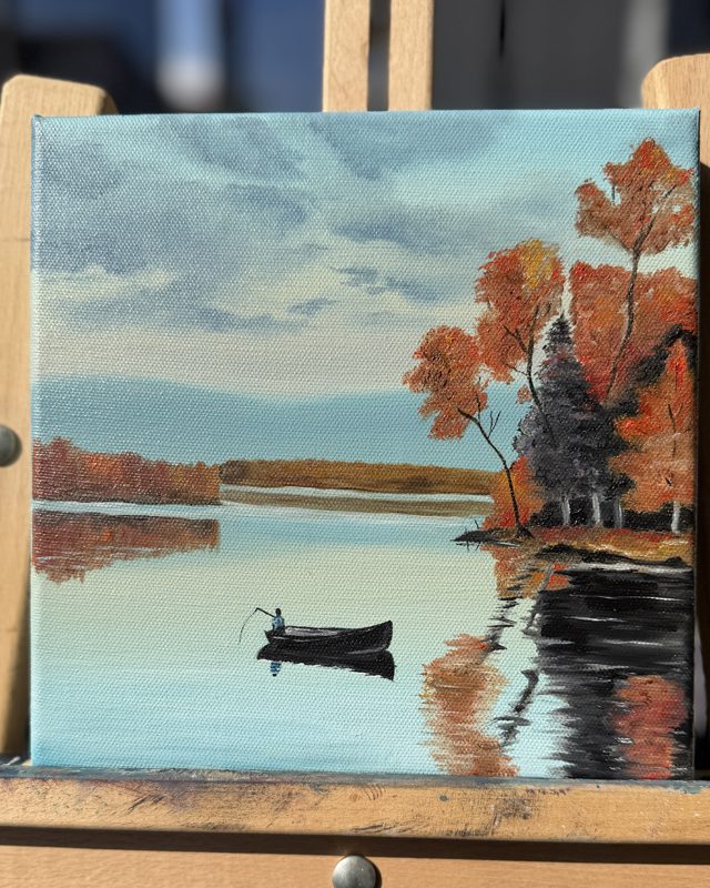 Rowboat on an Autumn Lake Mini Landscape Oil Painting