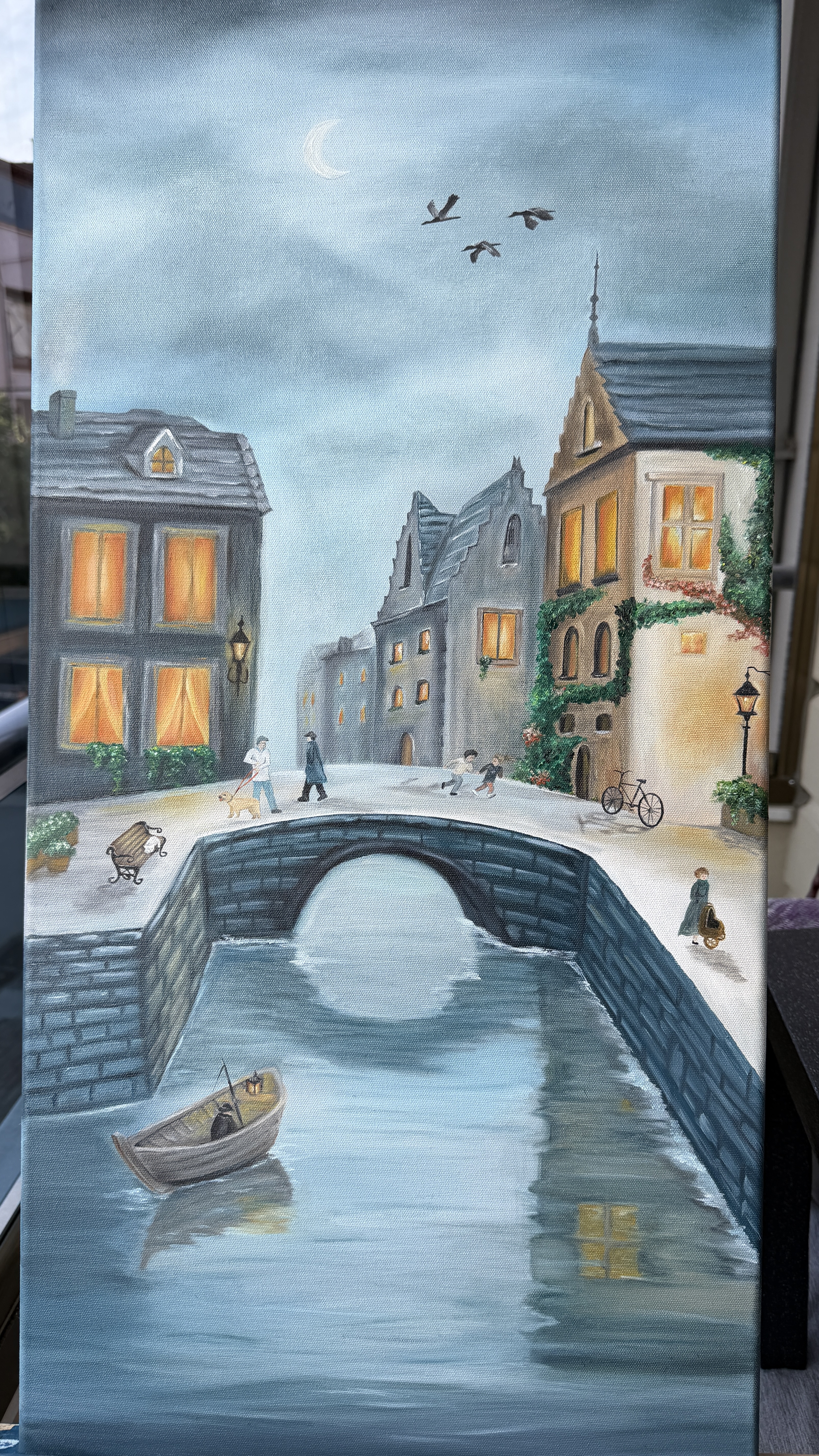 European Canal Town Oil Painting