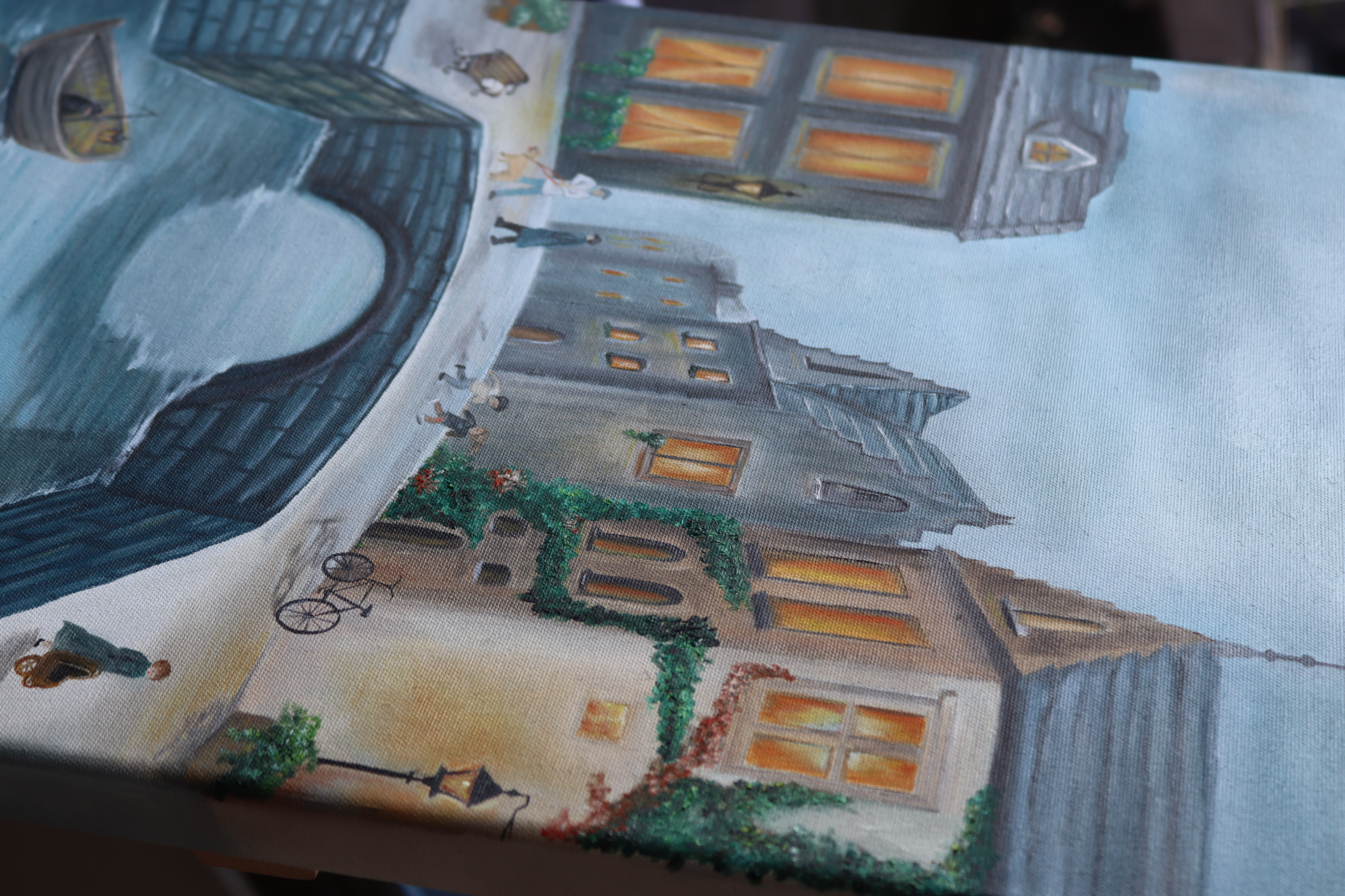 European Canal Town Oil Painting